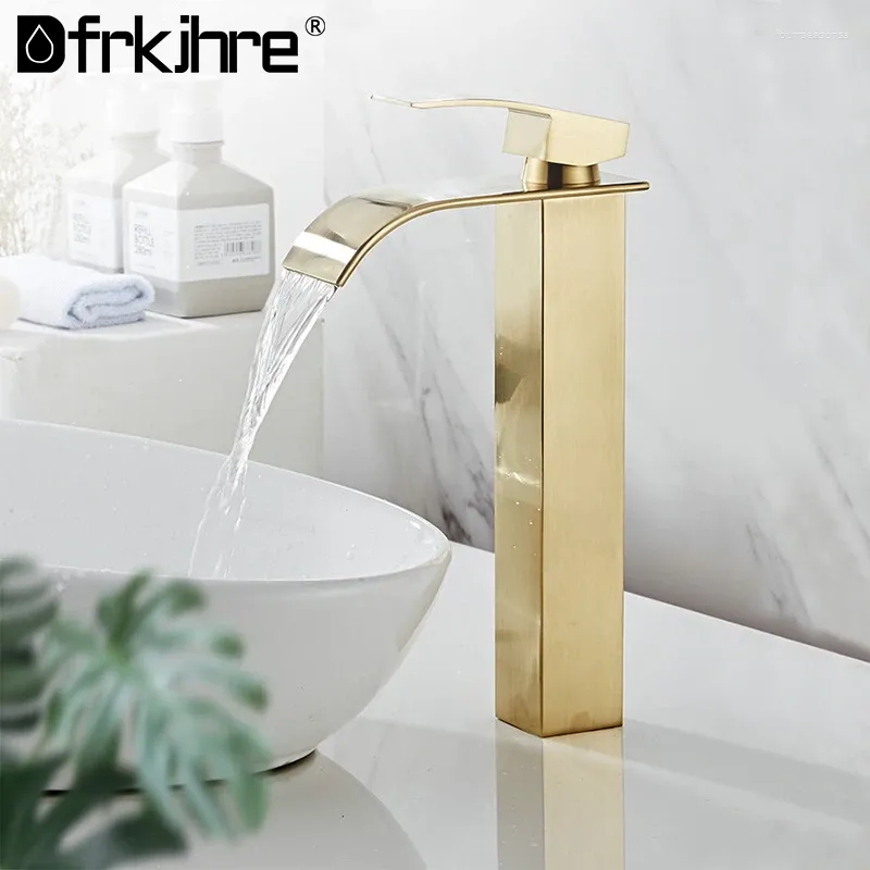 Robinets de lavabo de salle de bain Fauce de cascade Gold Moup de pont de pont unique Vanité Vanité Vésilaise Babinage Tap froid et bassin d'eau Lavage