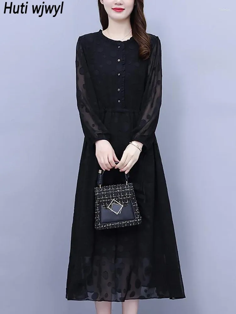 Casual Dresses Autumn Winter Black Jacquard Chic Prom Midi Dress Women Fashion Party 2024 Korean Vintage Elegant Evening Vestidos