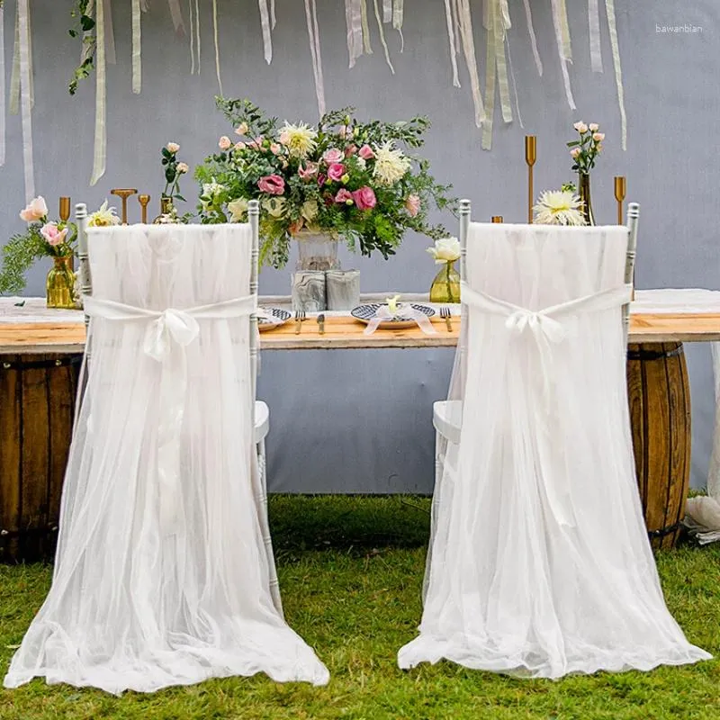 Coperture per sedie da 2 pezzi Mesh in pizzo Festa per matrimoni all'aperto Banchetto El Dining Room Decoration White Pink Long Cover Gonna