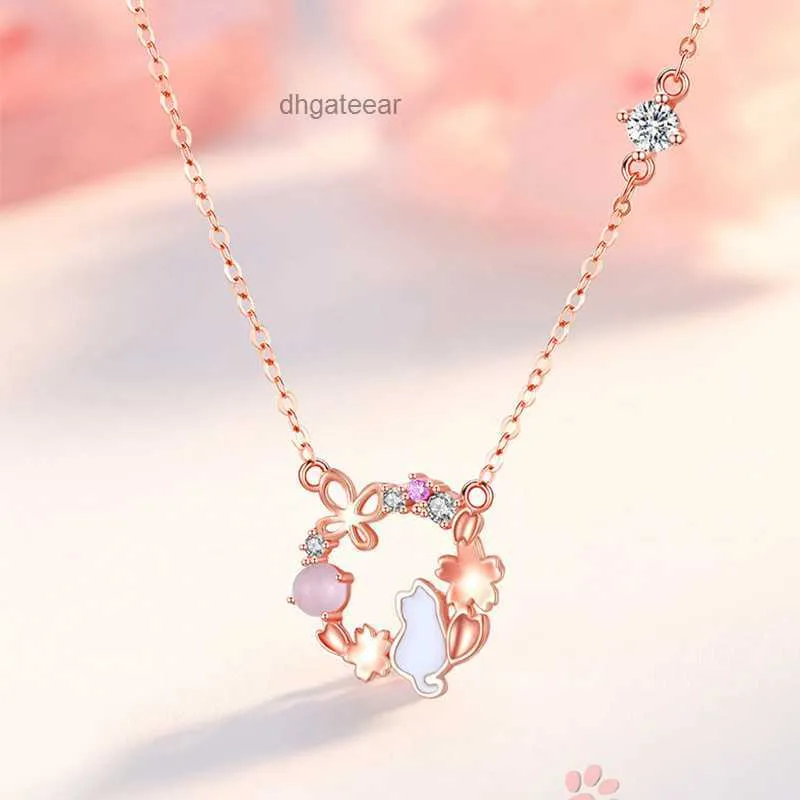 Collier de chat en fleur de pêche S925 argent sterling petite conception féminine de luxe