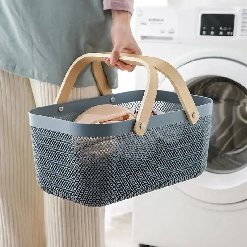 Laundry Bags Simple Household Clothes Storage Basket Wooden Handle Bathroom Dirty Skin Care Sundries