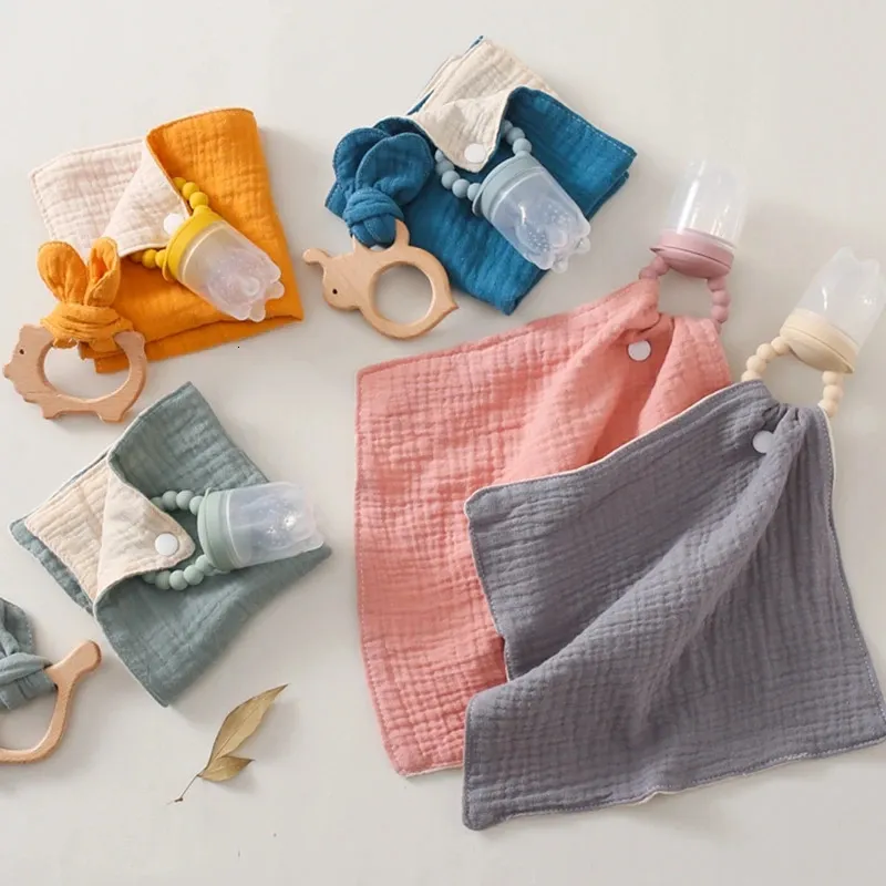 Baby Muslin Square Handduk Bibbs Silikon TEETER Snap -knapp för Born Bite Care Set på en napp SOUTHE FASKA HANDEL BOMOLL 240407