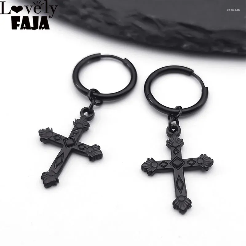 Boucles d'oreilles Goth Cross Detail Boucle d'oreille pour femmes hommes en acier inoxydable couleur noire gothique punk sonnerie bijoux exxxxs03