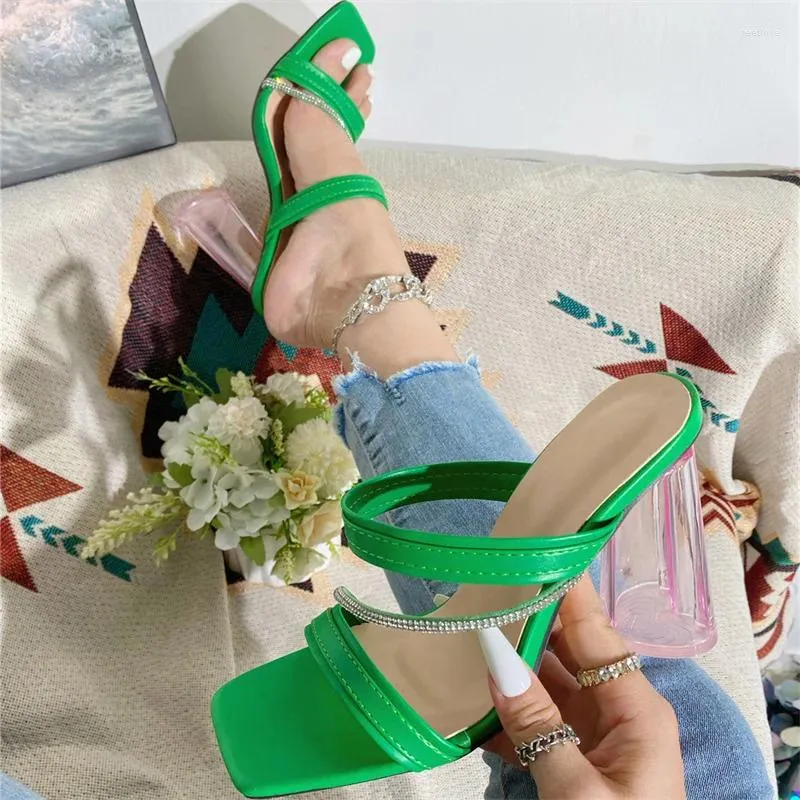 Sandaler Aneikeh 2024 Summer Green smal Band High Heel Thick Water Diamond Sexiga tofflor Fashion Dress Pumpar Shoes 35-42