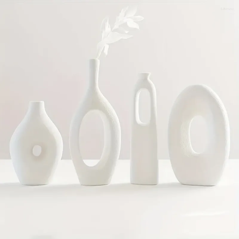 Vases White Ceramic Hollow Set Of 4 For Flower Decoration - Perfect Modern Centerpiece Wedding Dinner Table Party Living