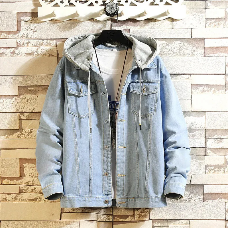 Fashion Hooded Denim Jacket Men Turn Down Collar Casual Jean Outerwear Streetwear Hip Hop Solid Color Loose Denim Coat Man 240401