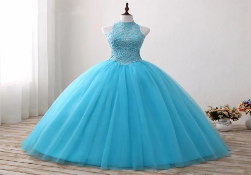 Abito da ballo blu aqua abiti Quinceanera abiti con maniche ad alta manica appliques in rilie