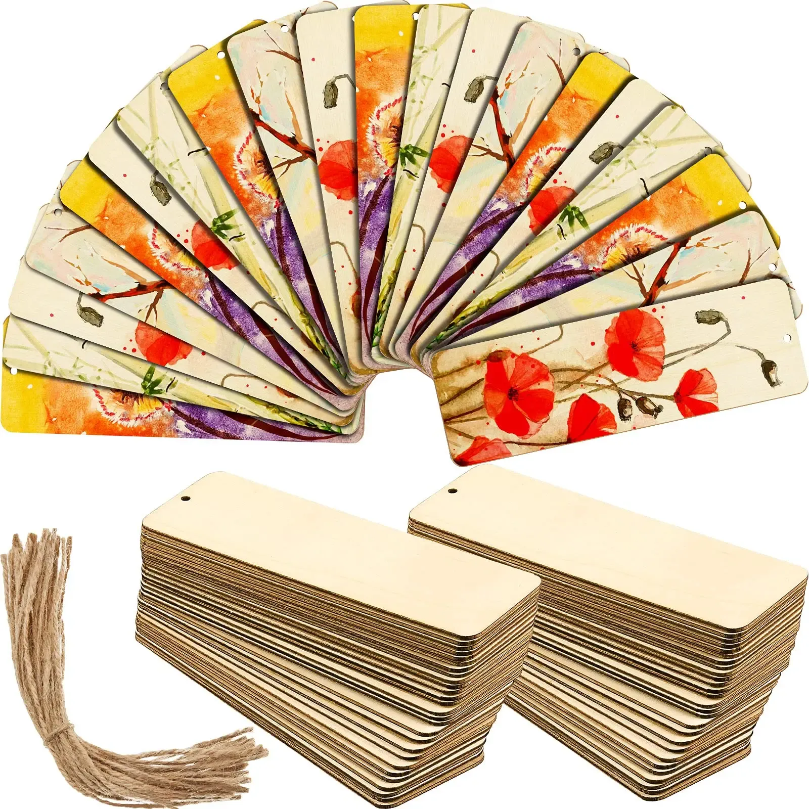 Crafts 100Pcs Wood Blank Bookmarks Rectangle Hanging Tags Unfinished Wooden Book Markers Ornaments with Holes and Ropes for DIY Crafts