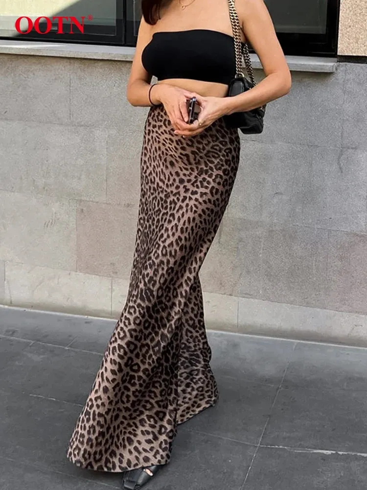 Ootn Vintage Leopard Print Trumpet Skirts vrouwelijk 2024 Street Chic High Taille Long Rok Autumn Office Slim Zipper 240329