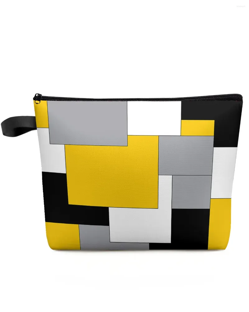 Cosmetische tassen Geel grijs zwart patchwork Abstract kunst Middeleeuwse stijl Make -uptas Pouch Women Organizer opslagpotloodkast