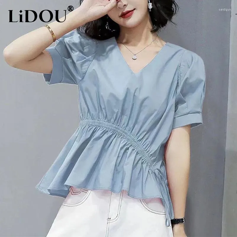 Women's Blouses Summer V-neck Shirring Waist Shirt Ladies Solid Color Casual Fashion Pullover Blouse Femme Puff Short Sleeve Tops