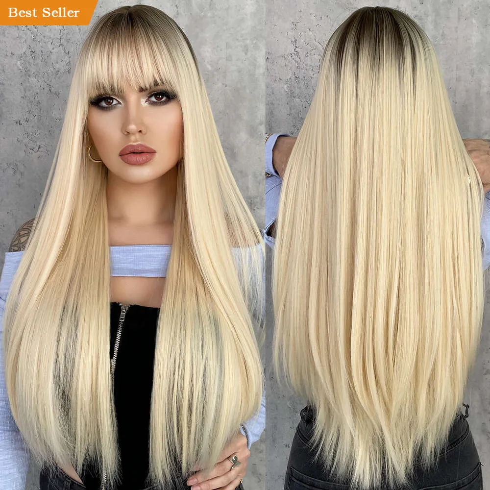 Blonde Wig Long Straight Perruques with Bangs Black Pink Red Blue Gray Synthetic Wig for Women Cosplay Pelucas Perucas