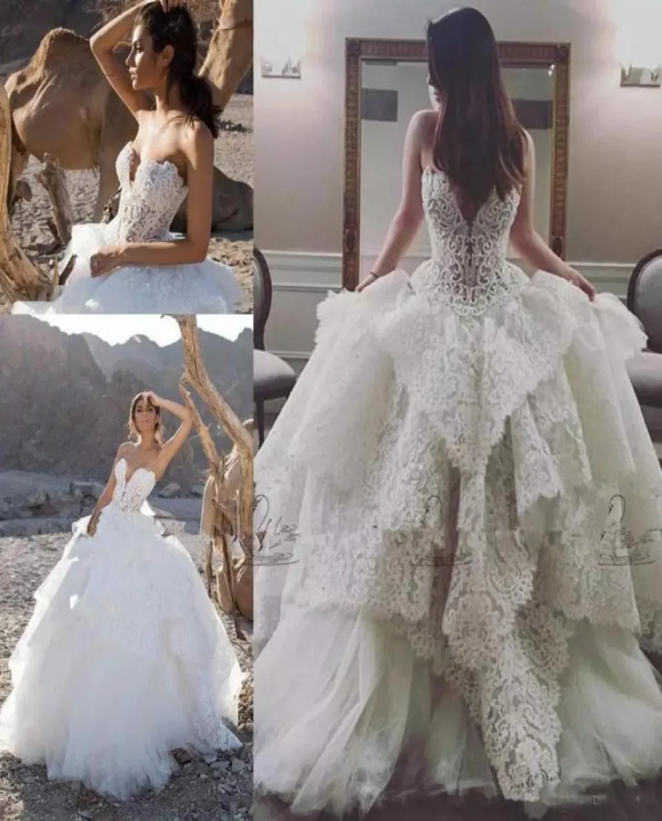 Luxury Strapless Lace Pealrs Garden A Line Wedding Dresses Puffy Tiered Skirts Dubai Arabic Church Plus Size Wedding Gowns4851218