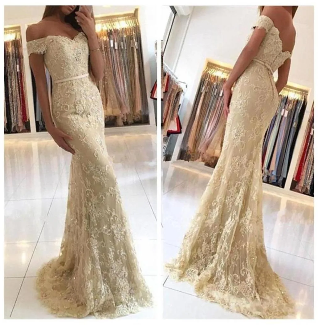 Off Shoulder Lac Custom Formal Evening Party Jurk vloer Lengte Appliques Champagne Mermaid Prom Dresses Vestido de Festa Party GO4246212