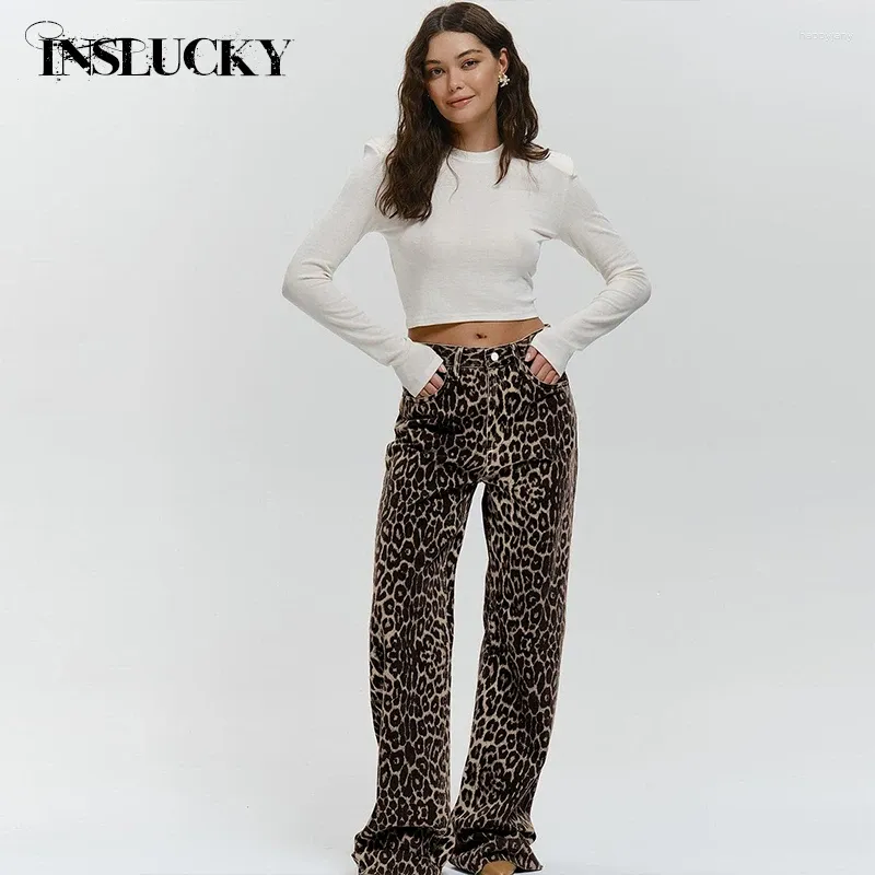 Frauenhose inlucky sommer y2k Vintage Leopardenmuster gerade Knopf hohe Taille Weitbein lose Hosen Model Streetwear