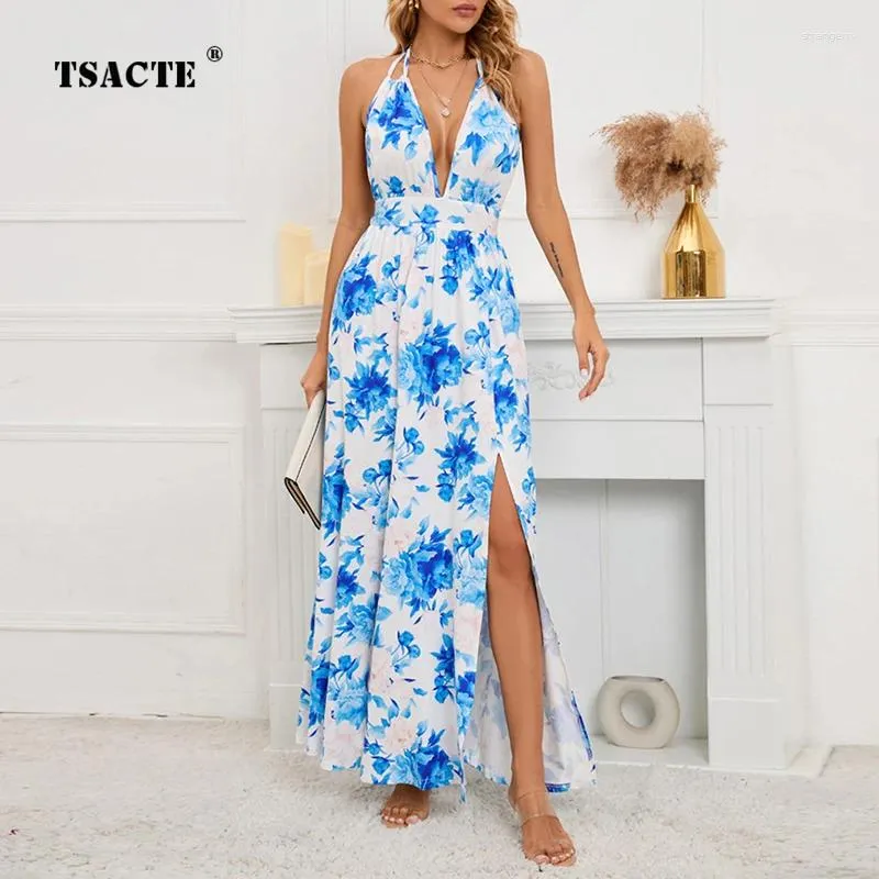 Casual Dresses 2024 Arrival Sexy And Elegant Deep V-Neck Neck Tie Dress Summer Hem Slit Print Fashion Temperament Women's Large