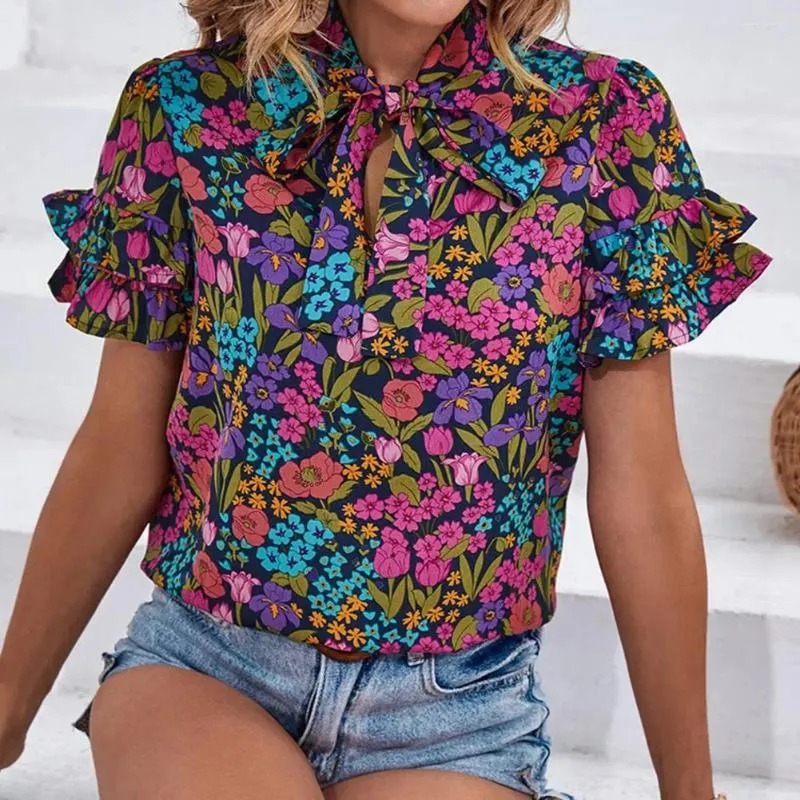 Women's Blouses Summer Women Shirt Stand Collar Tie Ruffle Short Sleeve Pullover Tops Ethnic Style Floral Print Loose Blouse