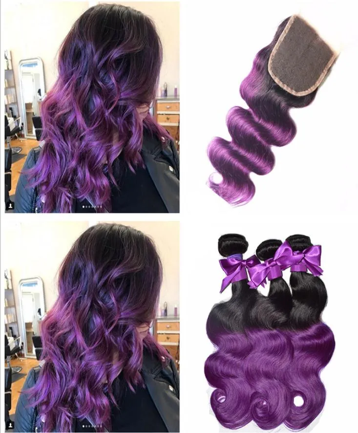 8A Malaysian Purple Ombre Lace Closure With Bundles Two Tone 1b Purple Human Hair With Closure Cosplay Purple Dark Roots Bundles8320194
