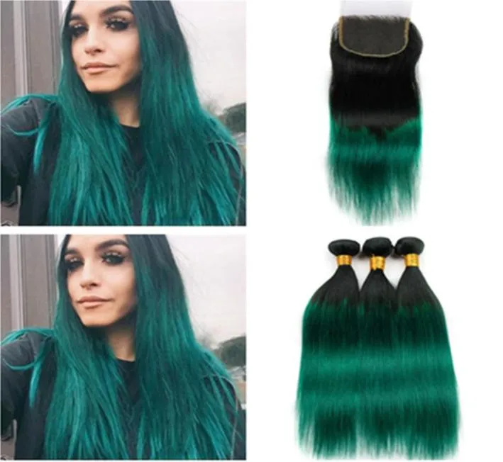 Dark Green Ombre Peruvian Hair Bundles with Closure 1BGreen Ombre Straight 3Bundles with Closure Ombre Green Lace Closure 4x4 wi6490173