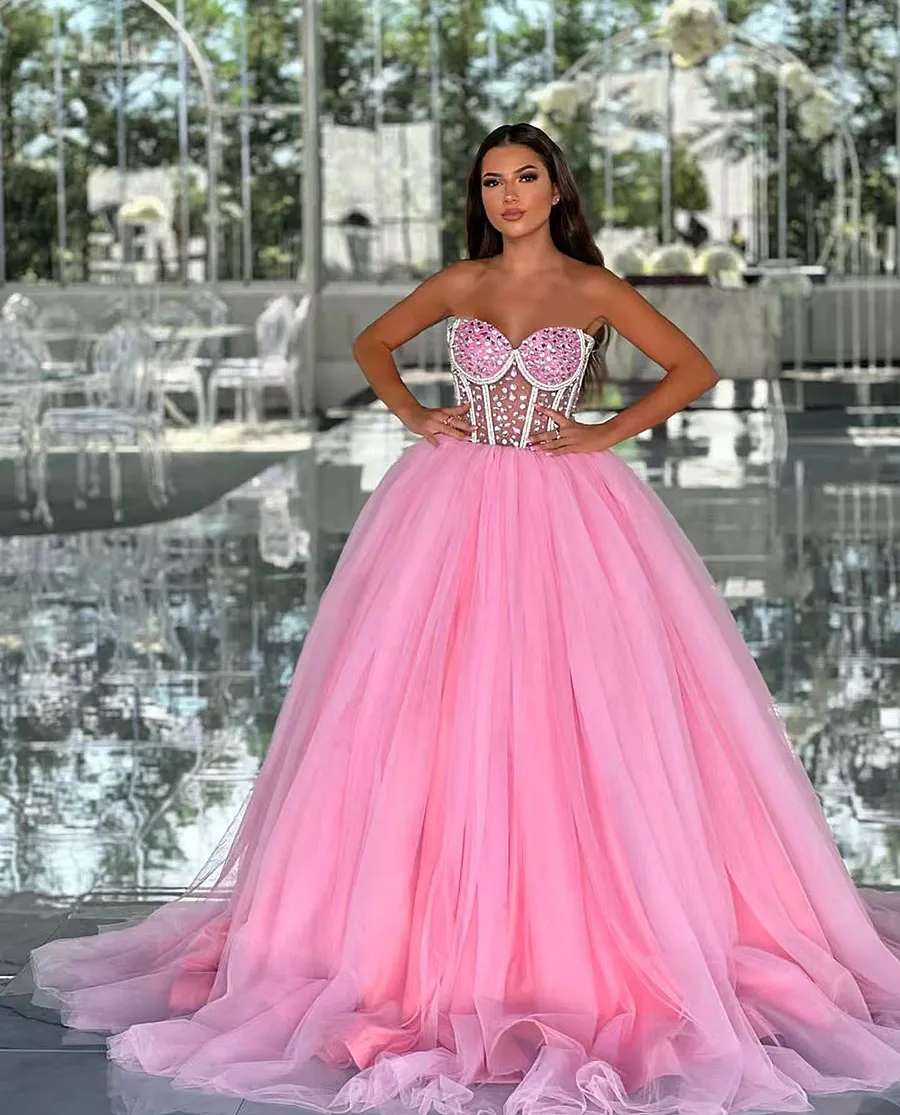 Robes de bal rose étincelante chérie robe de bal Quincenera 15 Ans Vestidos de Gala Engagement Crystal A-Line Sans manche robe