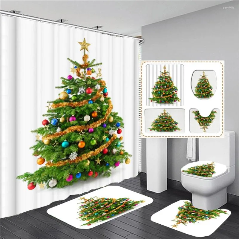 Duschgardiner god jul toalett täcker badmattor mattor träd gardin badrum tryck polyester tyg med krokar