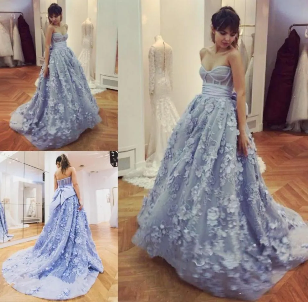 Dusty Blue Sweetheart Prom Dresses Sexy Bodice Exposed Boning Lace Appliques Evening Gowns With Big Bow Backless Sweep Train Arabi2665639