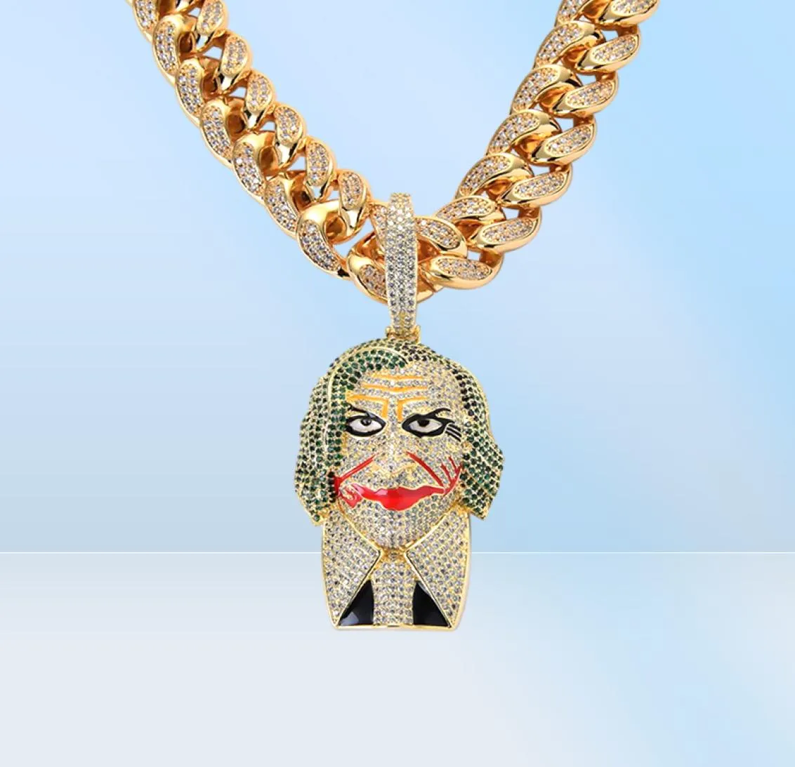 18K Gold Clown Joker Pendant Necklace Iced Out Micro Paved Cubic Zircon Men Bling Hip Hop Jewelry2873417