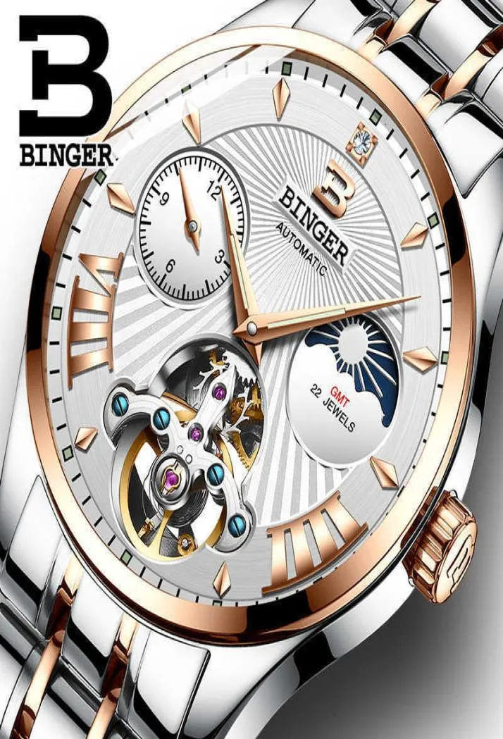 سويسري Binger Mechanical Fashion Men039s ساعات معصم الهيكل العظمي على مدار الساعة التلقائية Relogio Masculino2717863