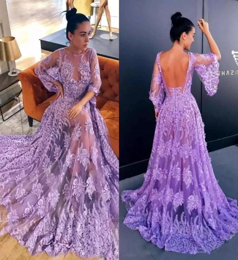 Stylish Lavender Prom Dresses Glamorous Lace Appliques 12 Poet Sleeves Aftonklänningar Öppna Back Special Occasion Dress de Festa1040505