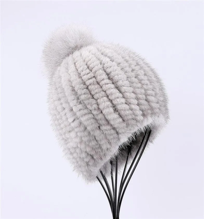 Caps Beanieskull 100 Real Mink Fur Hat Women Winter Beanie Beani Girls Cap with Fox Pom Poms shick female 22106940555