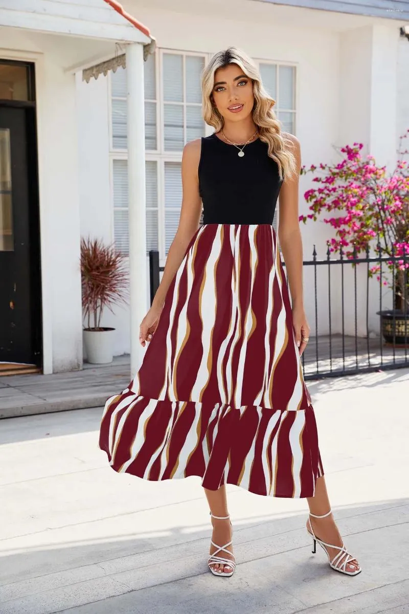 Casual Dresses Women Sleeveless Empire Waist Pleated Patchwork Long Dress For Summer