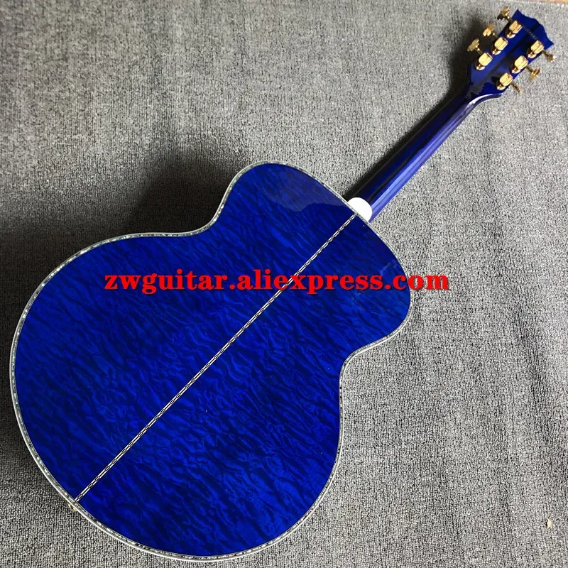 Câbles personnalisés 42 pouces Jumbo Corps Blue Guitare acoustique, haut en épicéle massif, côtés de motif de tigre floculeux et dos, véritable coquille d'ormeau