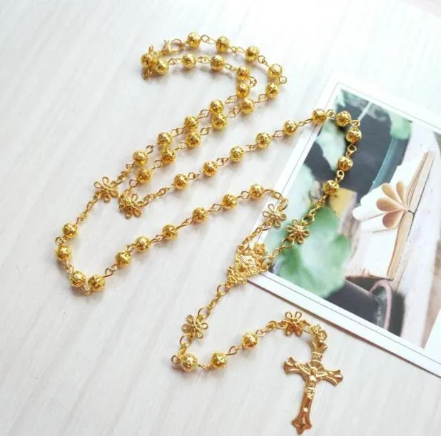 Hänge halsband religiösa guld radband halsband blomma ihåliga bönpärlor kedja katolska korsfix kors kyrka dop smycken h9927886