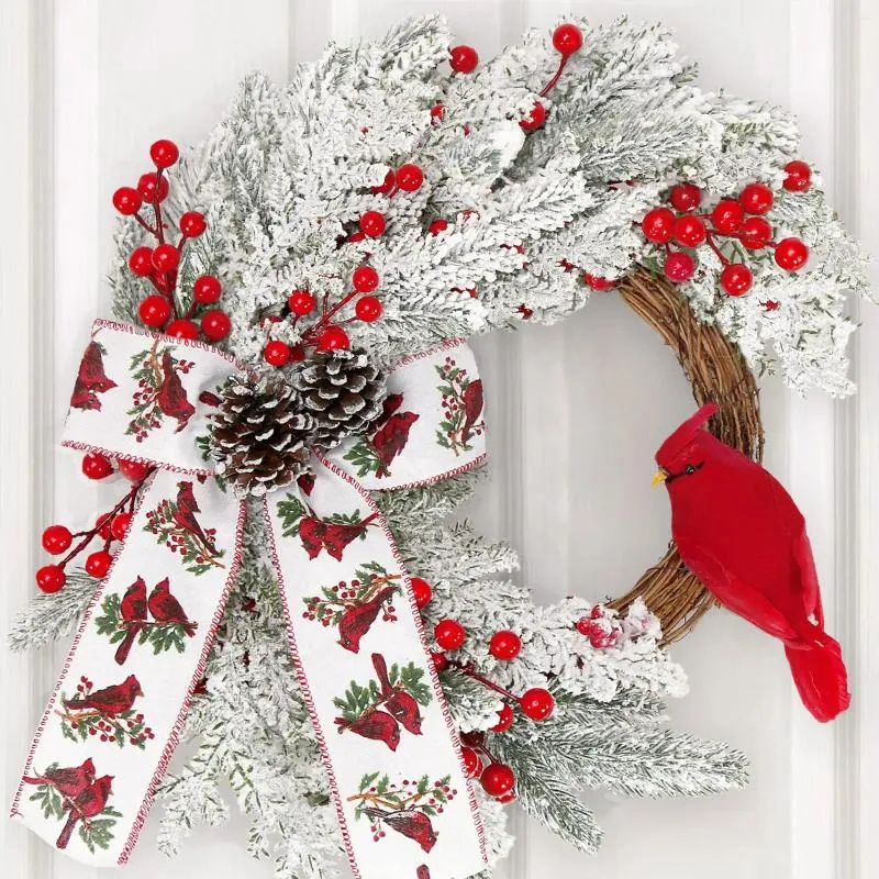 Dekorativa blommor julkransar för ytterdörren röd och vit girland med tallkon fågel fluga heminredning semester bondgård vägg