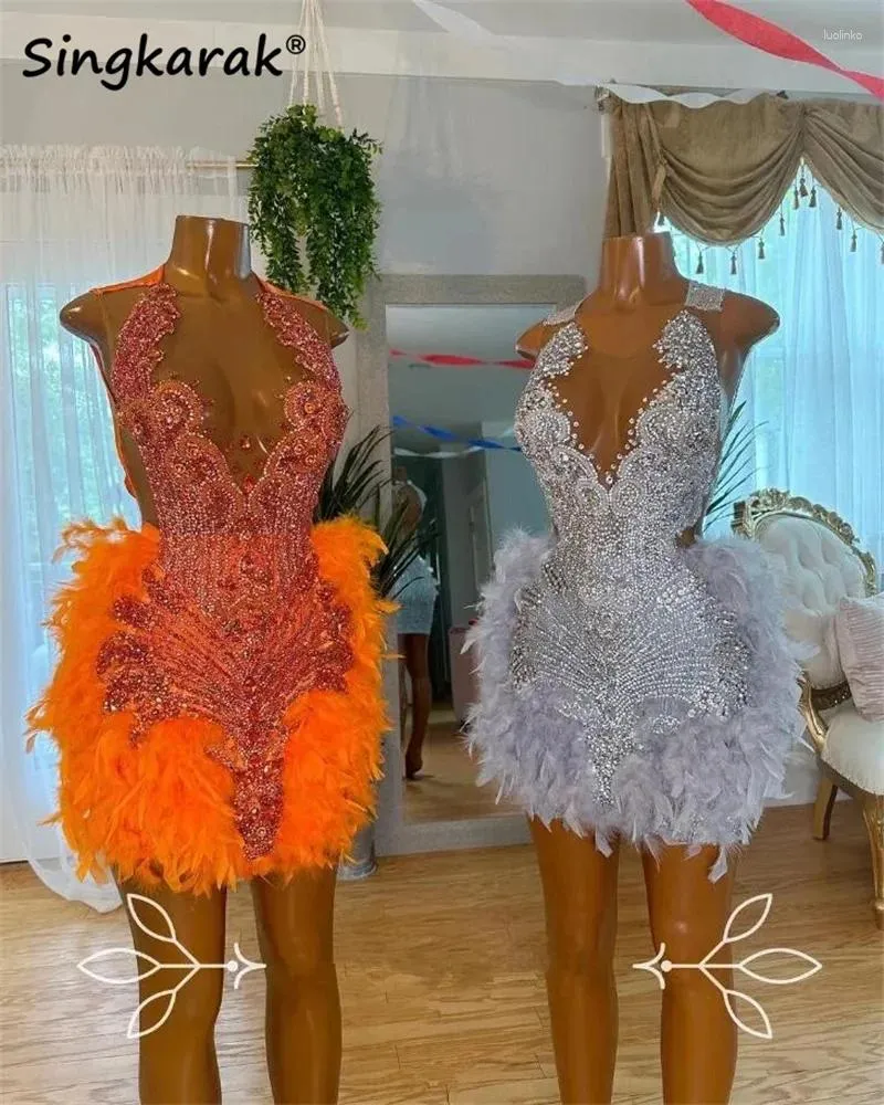 Party Dresses Sparkly Orange Diamonds Short Prom Dress Glitter Beads Crystal Rhinestones Shiny Birthday Cocktail Robe Open Back Back