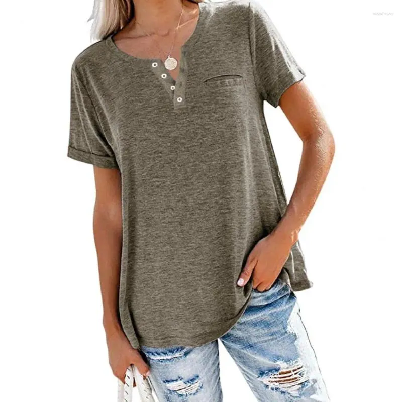 Women's Blouses Pullover Tops With Pocket Stylish V-neck T-shirt Buttons Solid Color Loose Fit Tee Shirt For Summer