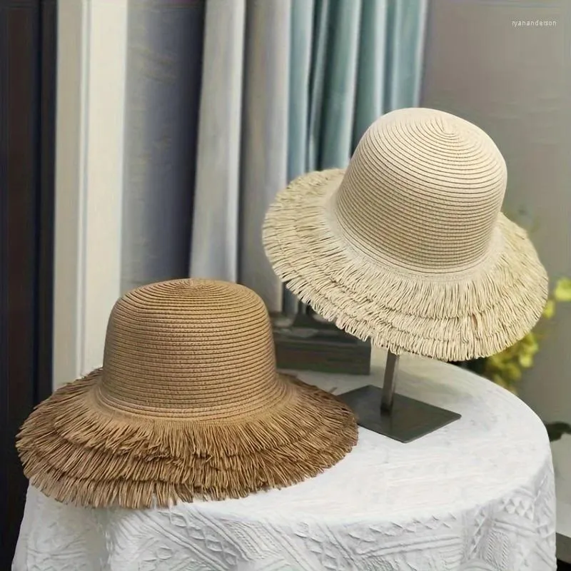 Berets 2024 Personalized Three-layer Raw Hem Sun Hat Solid Color Wide Brim Straw Hats Spring Summer Women's Sunshade Beach