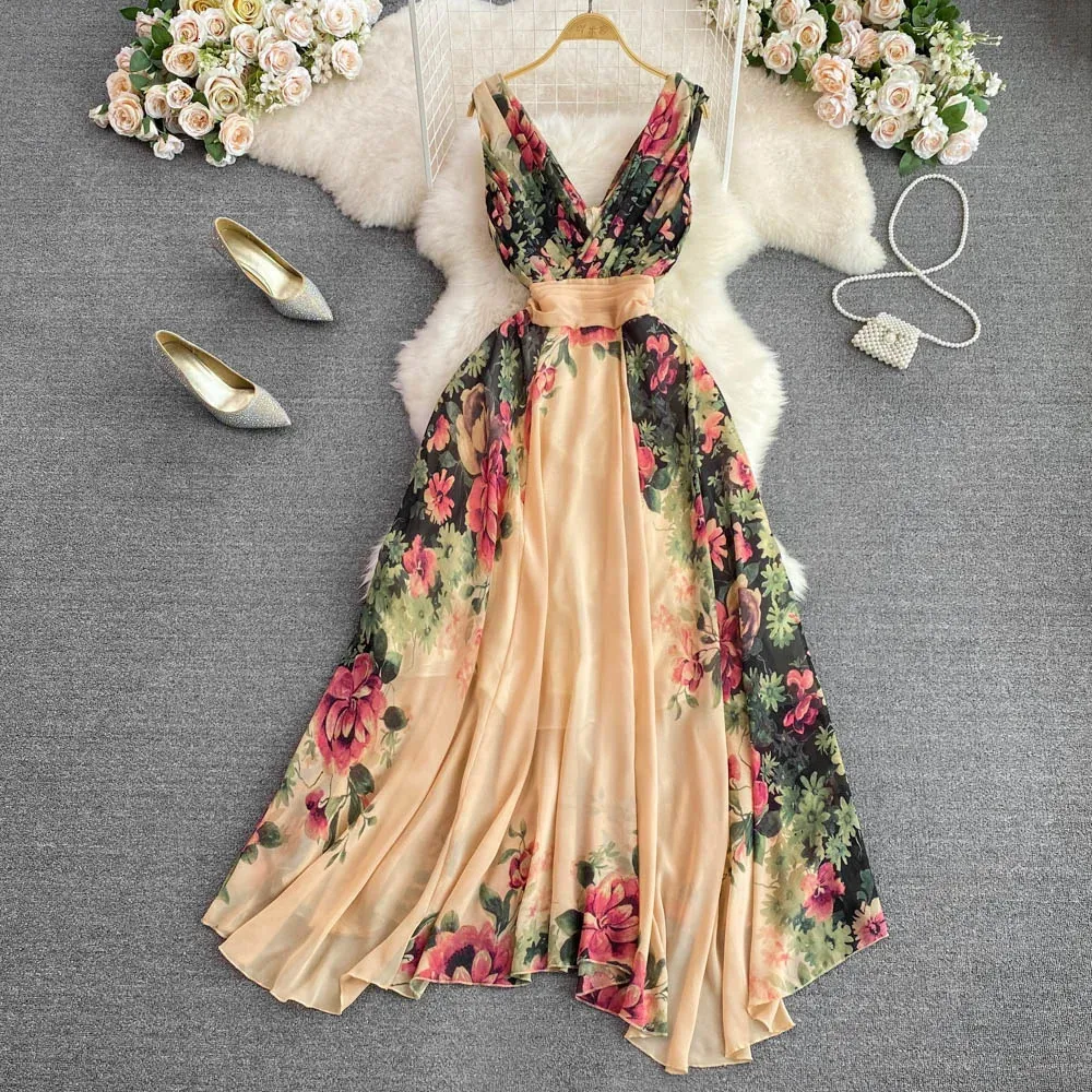 Pista floral impressão midi vestido longo verão mulheres mangas coletes tanques de chiffon vestidos de chiffon senhoras 240410