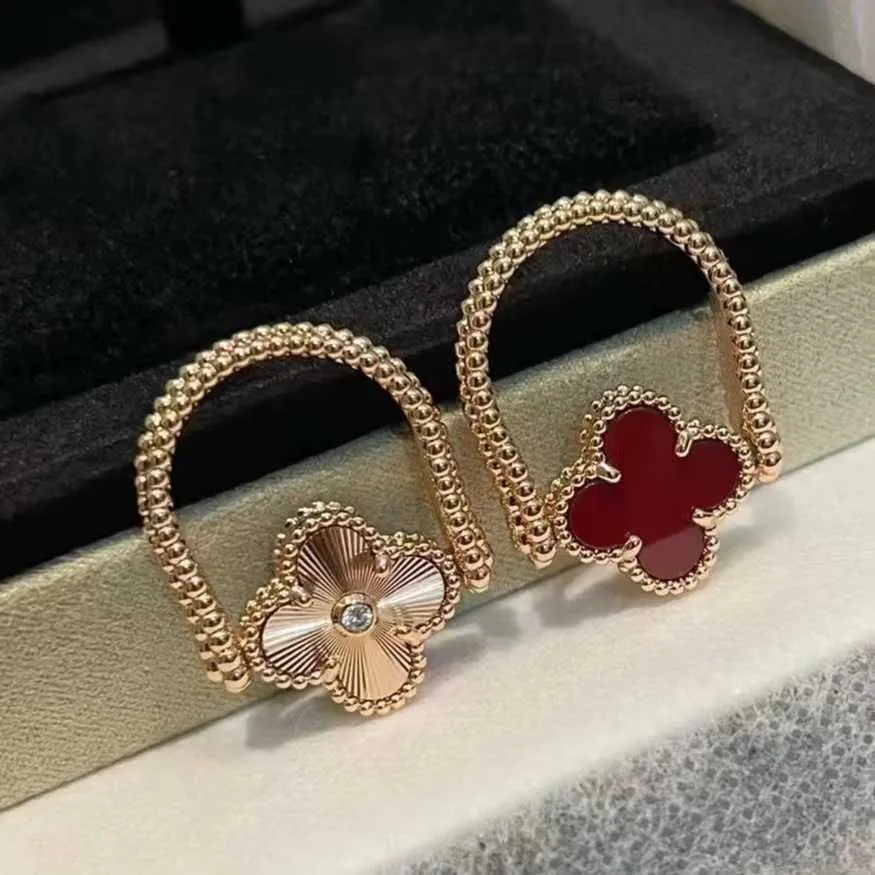 Original brand V-Gold High Version Van Double sided Flippable CNC Precision Carved Quality Red Jade Marrow Four Leaf Ring Fashion Live Generation