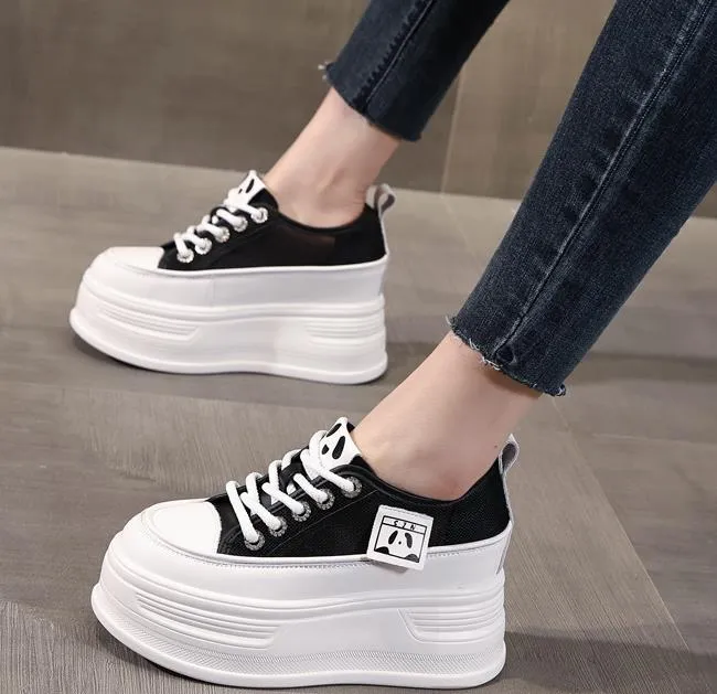 8袋目 8cm Wedge Platform Sneakers: Air Mesh Leather Chunky Heel