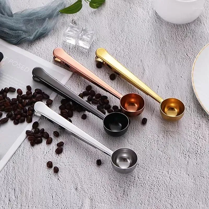 Coffee Scoops Stainless Steel Spoon Clip Creative 2-in-1 Measuring With Sealed Mouth Brushed Matte Gold Milk Powder Accessories