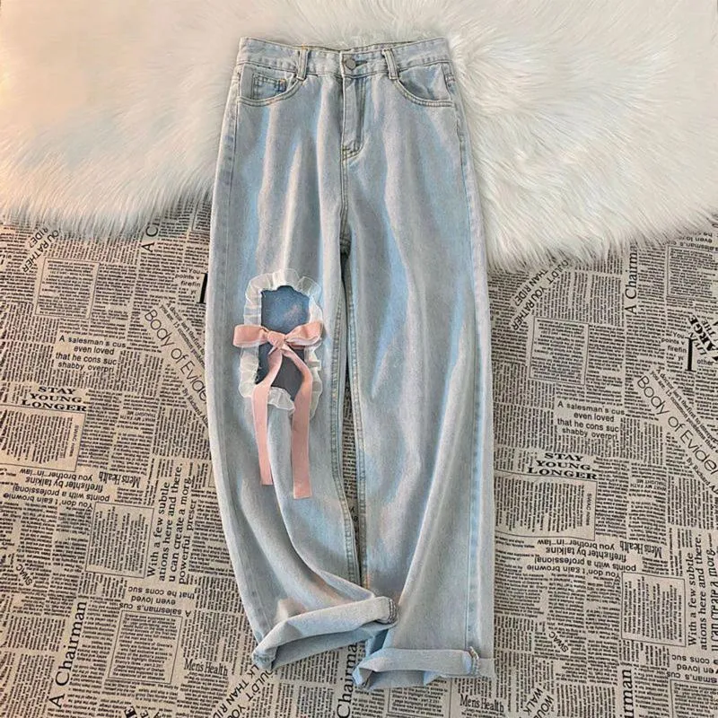 Calça jeans feminina calça de jeans straight vintage jean women 2024 calça de moda de moda estilo doce gravata arco renda versátil perna larga rosa