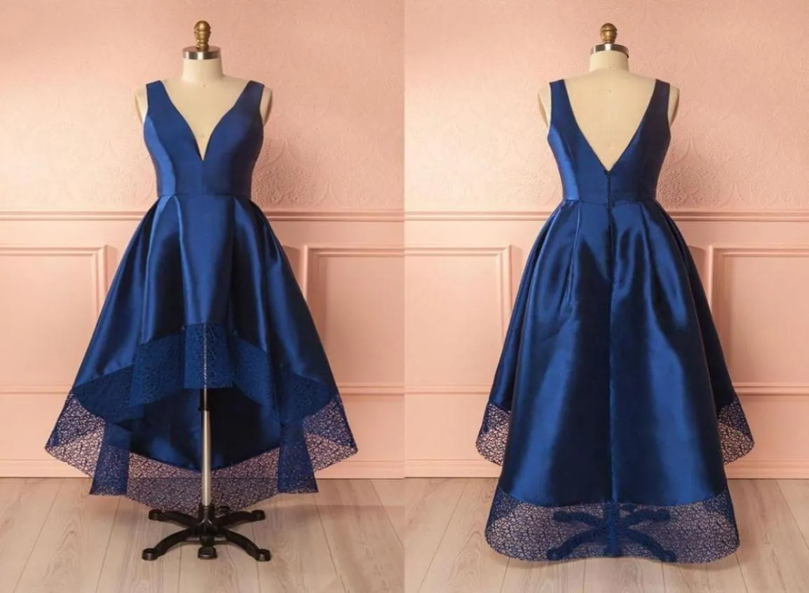 Navy Blue 2022 New Low Low Low Cocktail Prom Dress Backless Jewel Neck Lace قصيرة الأمام لفترة طويلة Back Back Greadualing Greaduation2247831