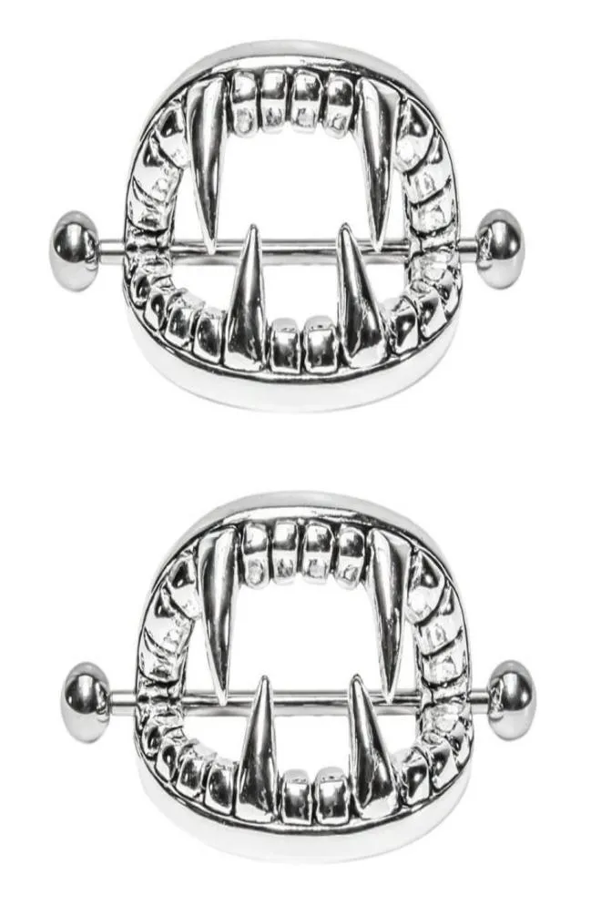 Whole Silver Plated Punk Gothic Stainless Steel Vampire Teeth Nipple Ring Women Body Piercing Jewelry Accessory4009157
