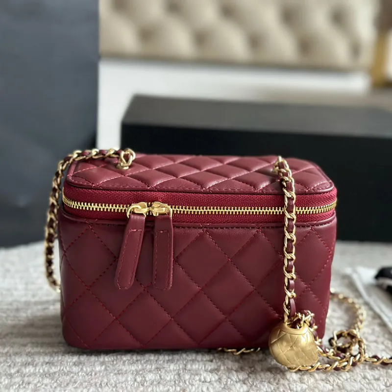 Gold Ball Chain Women s Designer Makeup Bag Luxury Quilted Leather Vanity Box with Mirror Adjustable Shoulder Crossbody Purse Cosmetic Case Handbag