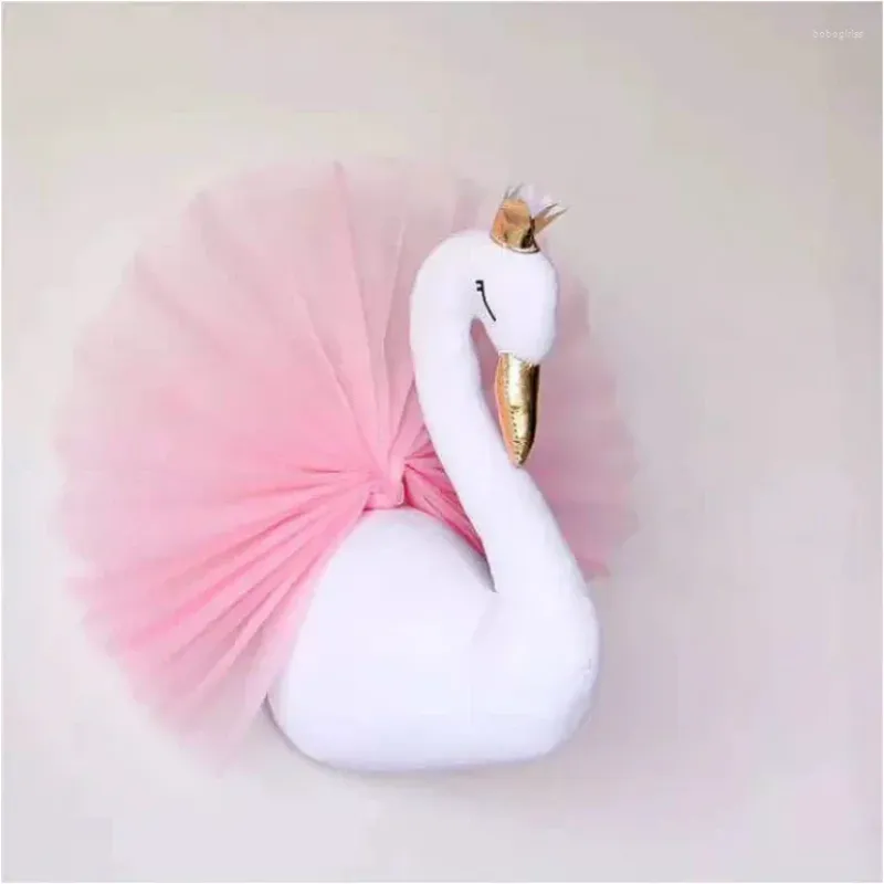 Figurines décoratives 3d Golden Crown Swan mignon art mural suspendu fille poupée en peluche animal de tête pour enfants.