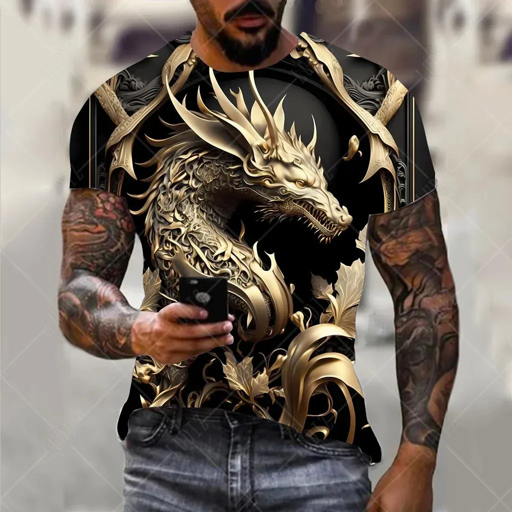 Mens Dragon Tshirt Fashion ثلاثي الأبعاد طباعة Tirt نمط حيوان شورتليج شارع الشارع الضخم المحملات الصيف قمم غير رسمية 240411