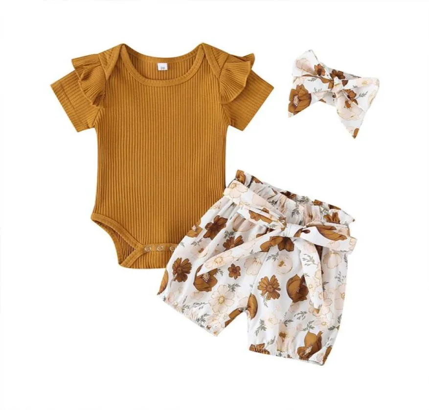 Babykläder nyfödda baby flickor ekologiska bomullsblommiga tryck korta ärmkroppar shorts 2st.
