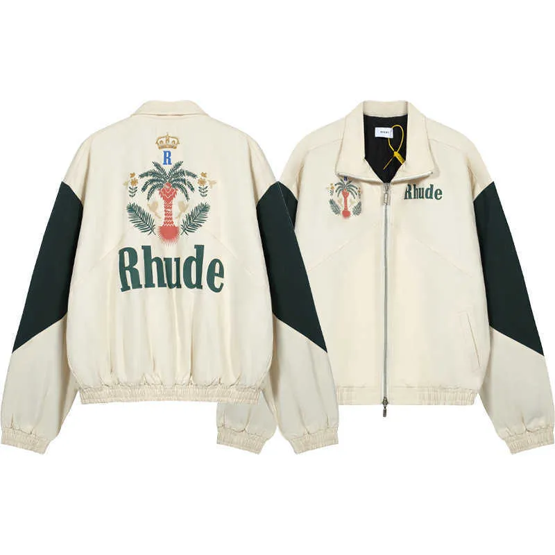 American High Street Rhude Spliced Coconut Tree Capsule Mens Loose Zipper Jacket Casual Coat