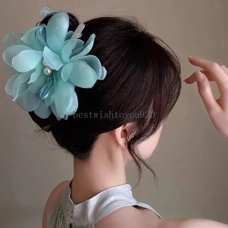 Primavera verão novo grande clipe de cabelo de flor colorido com pérola para mulheres princesas cocar de cocar de cabelo acessórios de cabelo para meninas